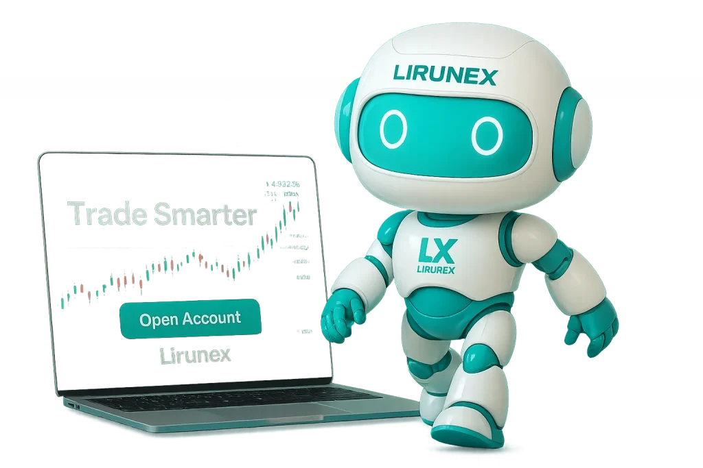 Lirunex robot beside a laptop screen showing trading charts and an Open Account button